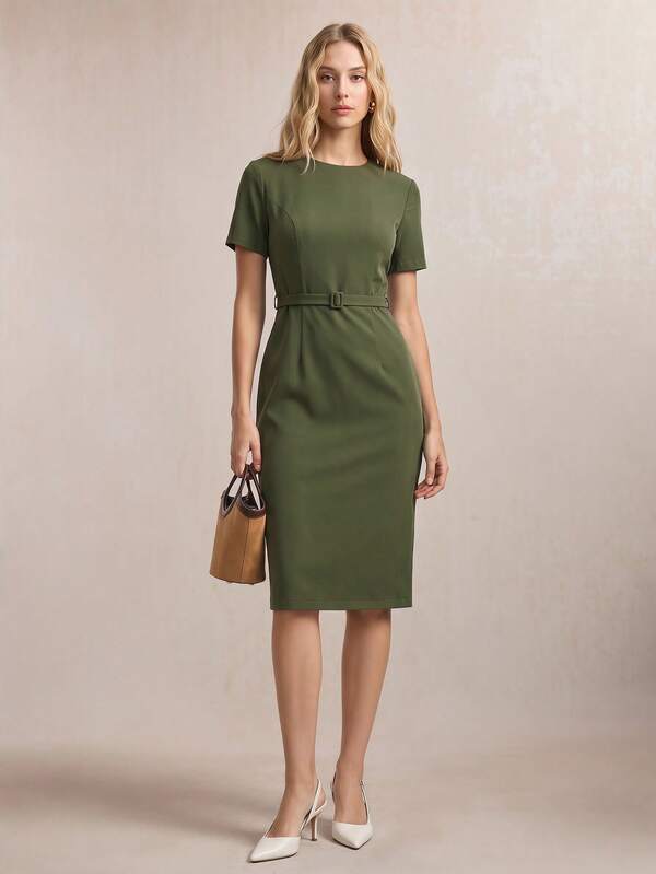 Vestido Midi Ajustado Com Cinto Estilo Minimalista