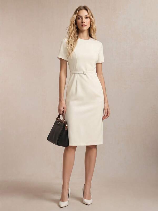 Vestido Midi Ajustado Com Cinto Estilo Minimalista