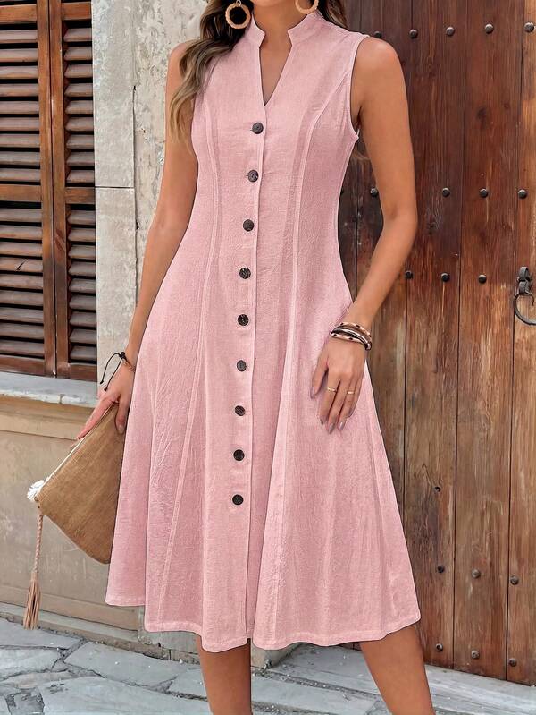 Vestido Midi Acinturado Sem Mangas Com Botões Frontais