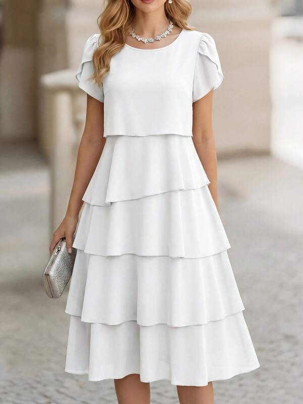 Vestido Midi Com Babados Em Camadas E Manga Curta