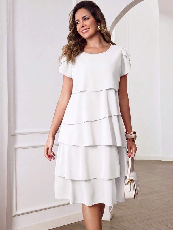Vestido Midi Com Babados Em Camadas E Manga Curta