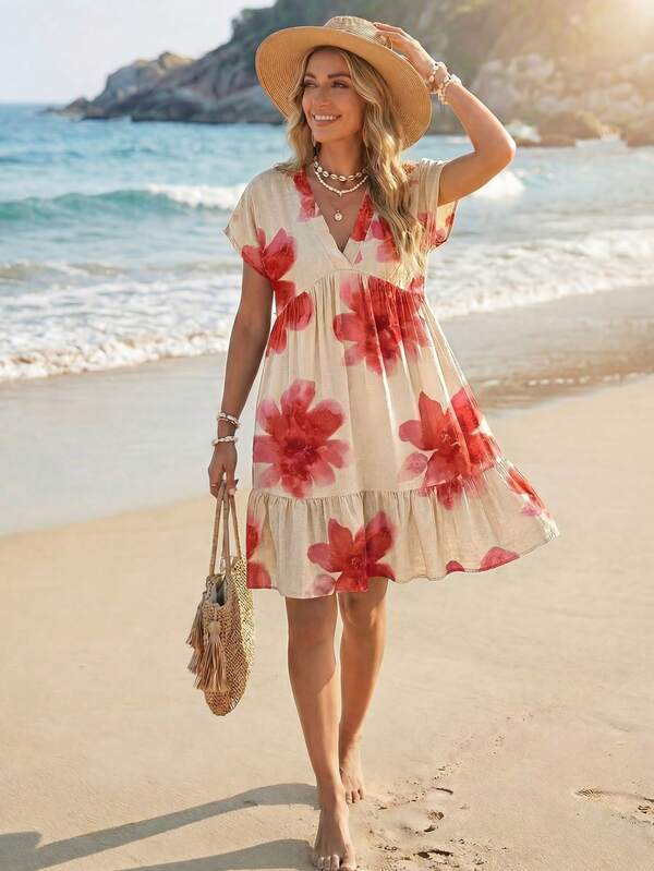 Vestido Curto Decote V Com Estampa Tropical Resort