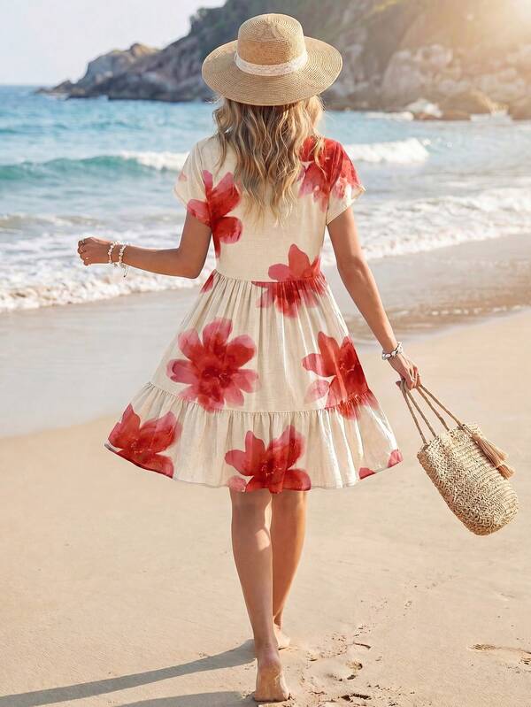Vestido Curto Decote V Com Estampa Tropical Resort