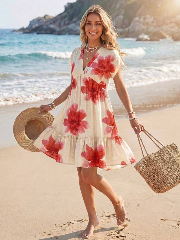 Vestido Curto Decote V Com Estampa Tropical Resort