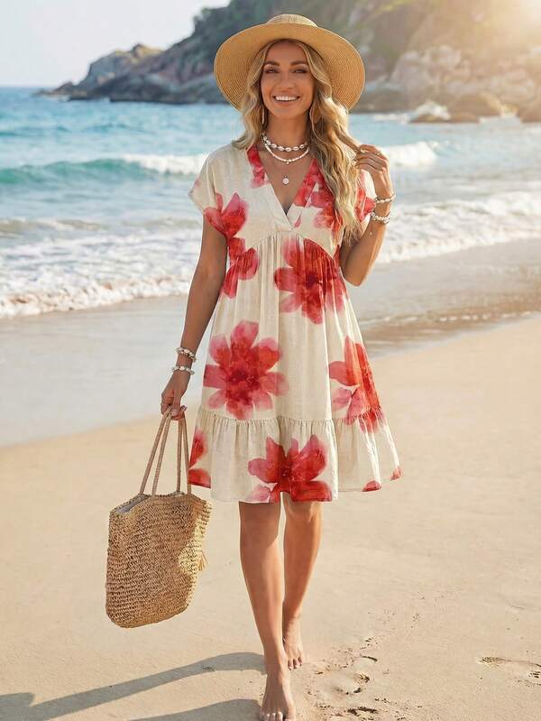 Vestido Curto Decote V Com Estampa Tropical Resort
