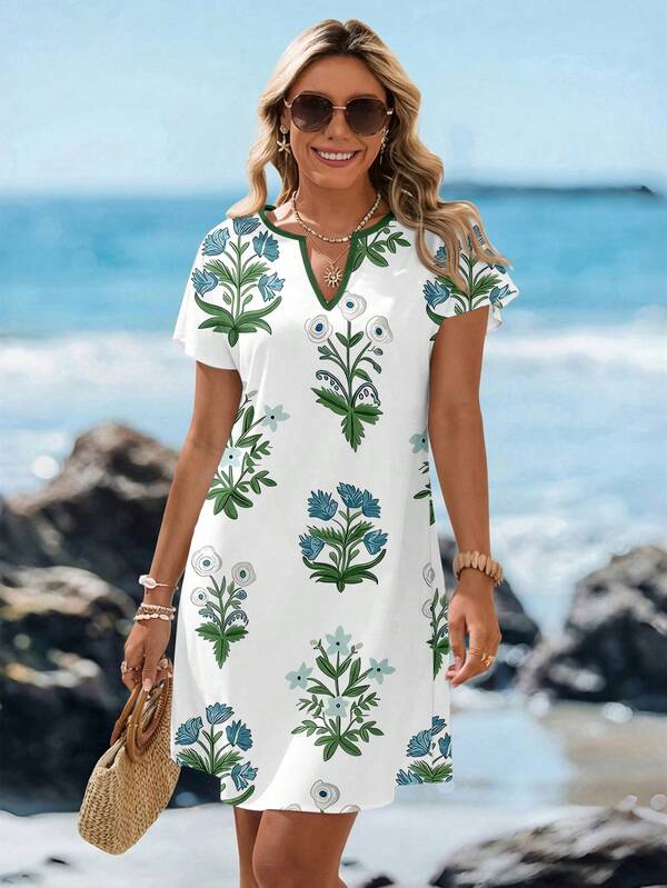 Vestido Curto Com Estampa Floral Abstrata Estilo Resort