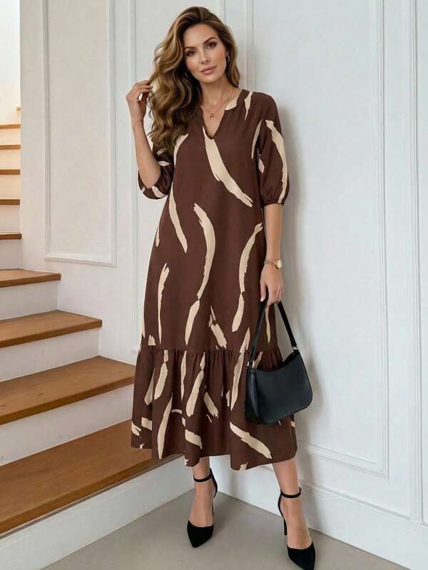 Vestido Midi Decote V Com Estampa Abstrata E Babados