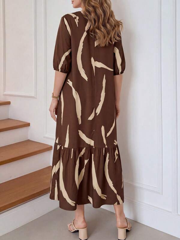 Vestido Midi Decote V Com Estampa Abstrata E Babados