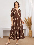 Vestido Midi Decote V Com Estampa Abstrata E Babados