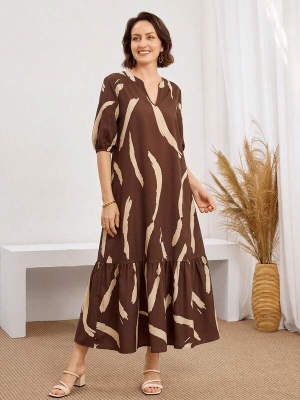 Vestido Midi Decote V Com Estampa Abstrata E Babados