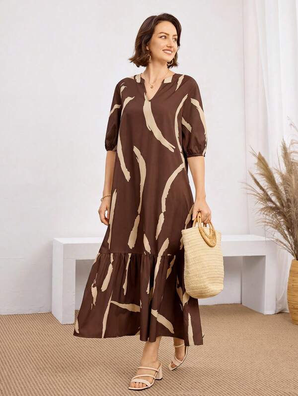 Vestido Midi Decote V Com Estampa Abstrata E Babados