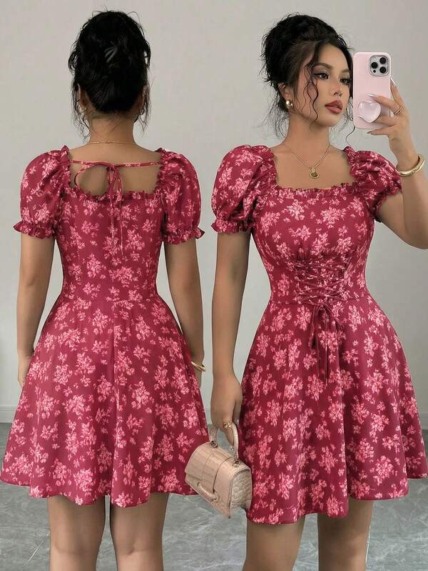 Vestido Curto Manga Bufante Franzido Floral Romântico