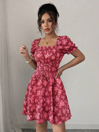 Vestido Curto Manga Bufante Franzido Floral Romântico