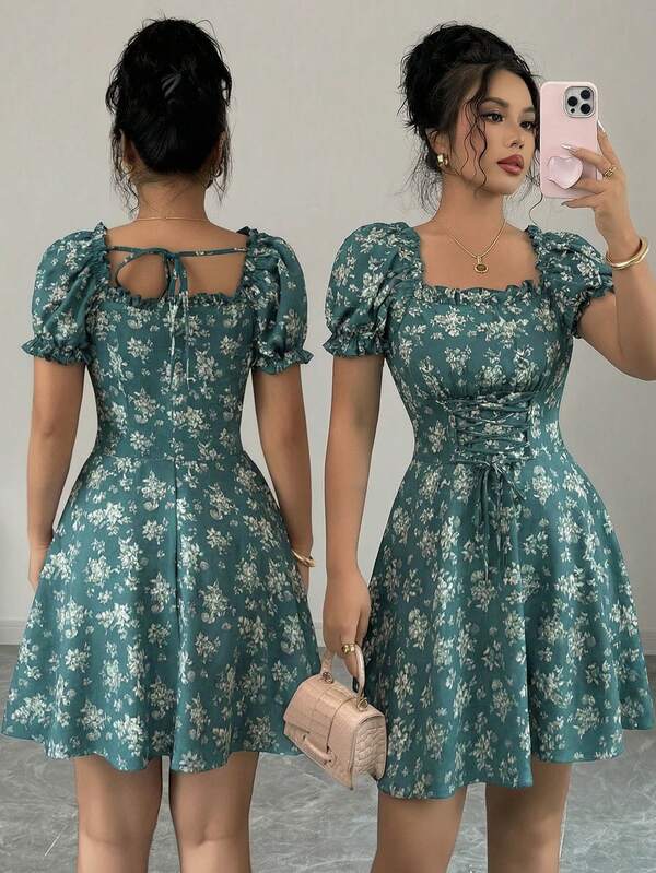 Vestido Curto Manga Bufante Franzido Floral Romântico