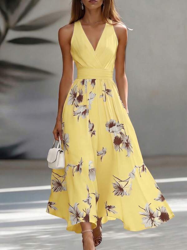 Vestido Longo Transpassado Acinturado Estampa Floral Elegante