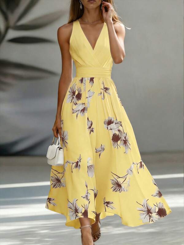 Vestido Longo Transpassado Acinturado Estampa Floral Elegante
