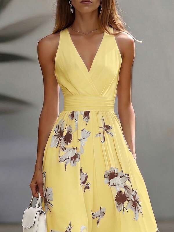 Vestido Longo Transpassado Acinturado Estampa Floral Elegante