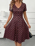 Vestido Midi Decote V Com Botões E Estampa Poá