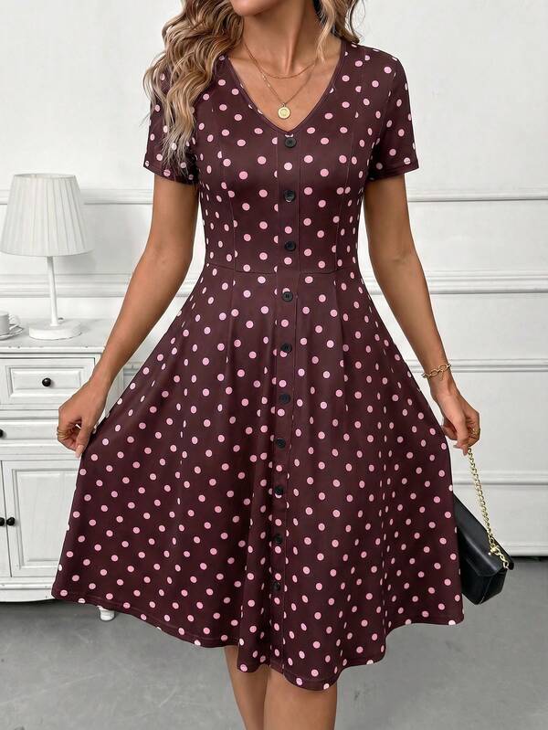 Vestido Midi Decote V Com Botões E Estampa Poá