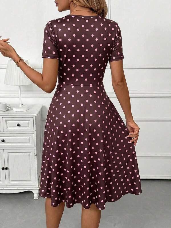 Vestido Midi Decote V Com Botões E Estampa Poá