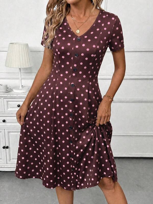 Vestido Midi Decote V Com Botões E Estampa Poá