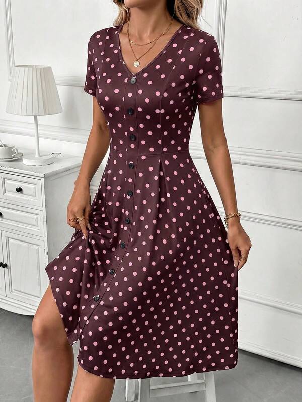 Vestido Midi Decote V Com Botões E Estampa Poá