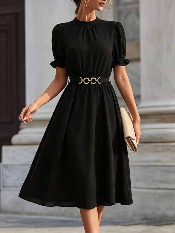 Vestido Midi Acinturado Com Cinto E Manga Bufante Elegante
