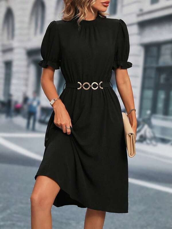 Vestido Midi Acinturado Com Cinto E Manga Bufante Elegante