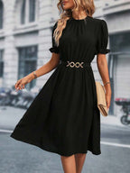 Vestido Midi Acinturado Com Cinto E Manga Bufante Elegante