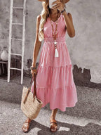 Vestido Midi Evasê Sem Mangas Com Lastex Estilo Romântico