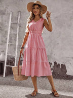 Vestido Midi Evasê Sem Mangas Com Lastex Estilo Romântico