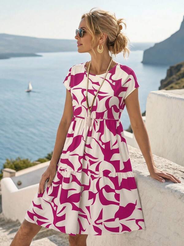 Vestido Midi Soltinho Com Recortes Estampa Abstrata Casual