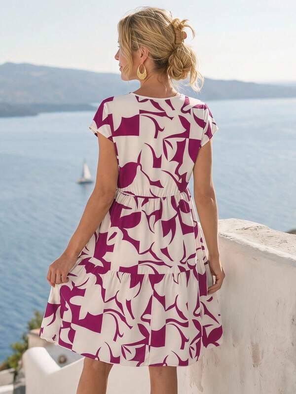 Vestido Midi Soltinho Com Recortes Estampa Abstrata Casual