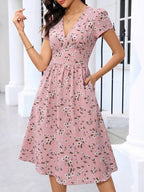 Vestido Midi Decote V Acinturado Com Estampa Floral
