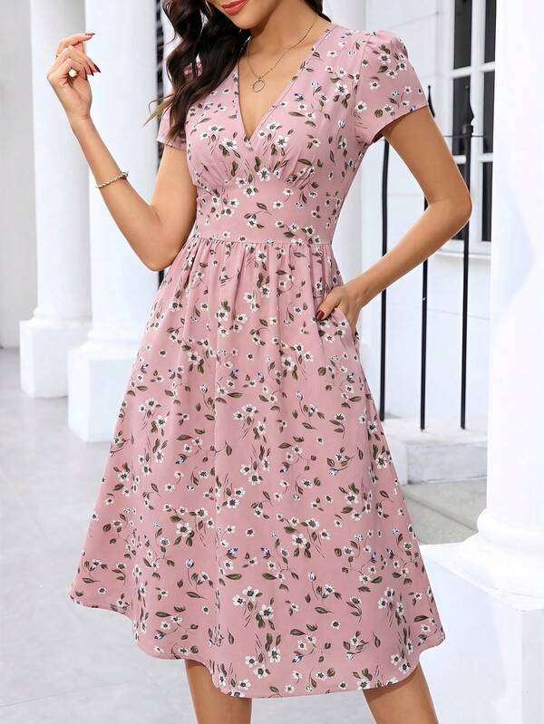 Vestido Midi Decote V Acinturado Com Estampa Floral