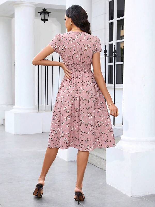 Vestido Midi Decote V Acinturado Com Estampa Floral