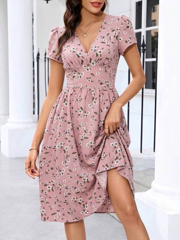 Vestido Midi Decote V Acinturado Com Estampa Floral