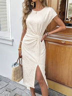 Vestido Midi Listrado Com Drapeado E Fenda Frontal
