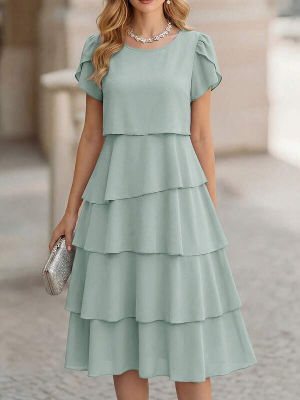 Vestido Midi Com Babados Em Camadas E Manga Curta