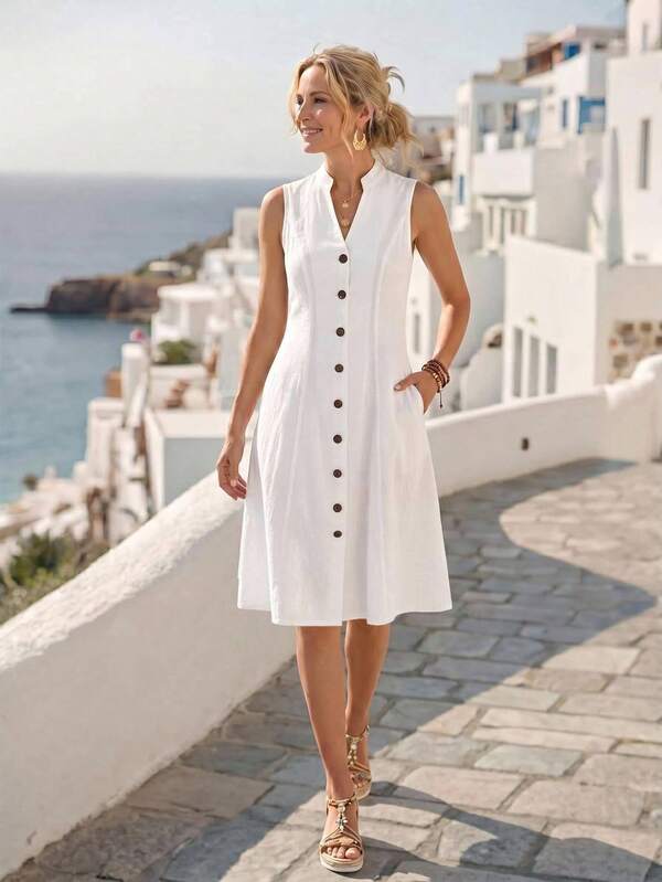 Vestido Midi Acinturado Sem Mangas Com Botões Frontais