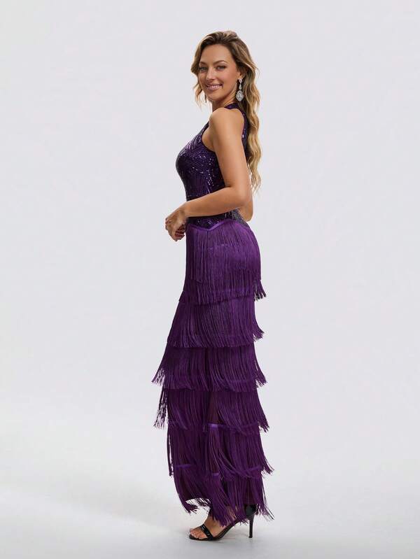 Vestido Longo Gola Halter Com Franjas E Paetês