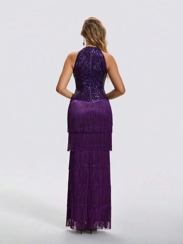 Vestido Longo Gola Halter Com Franjas E Paetês