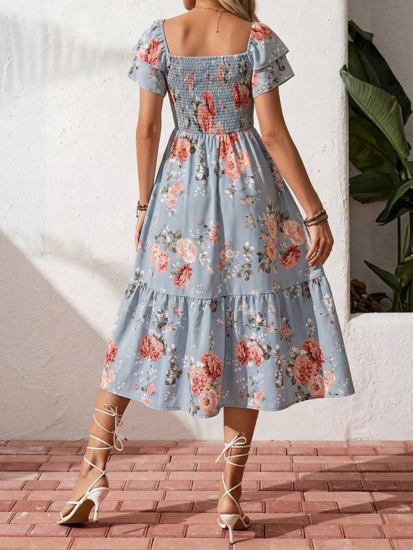 Vestido Midi Com Lastex E Estampa Delicada Floral
