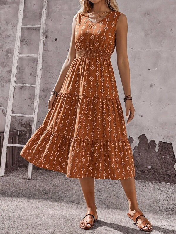 Vestido Midi Evasê Sem Mangas Com Lastex Estilo Romântico