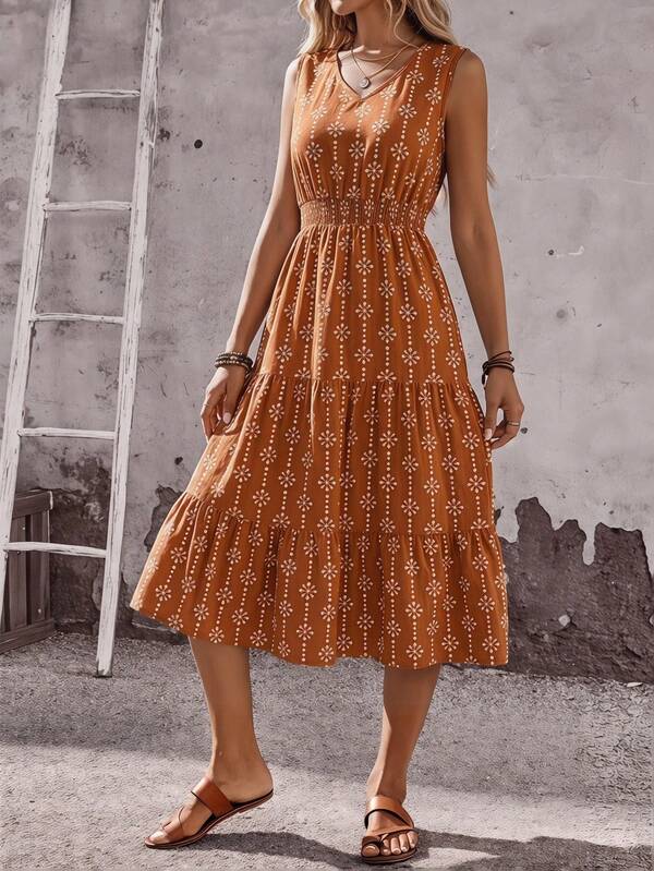 Vestido Midi Evasê Sem Mangas Com Lastex Estilo Romântico