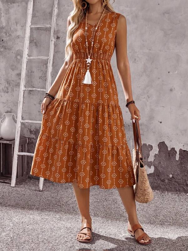 Vestido Midi Evasê Sem Mangas Com Lastex Estilo Romântico
