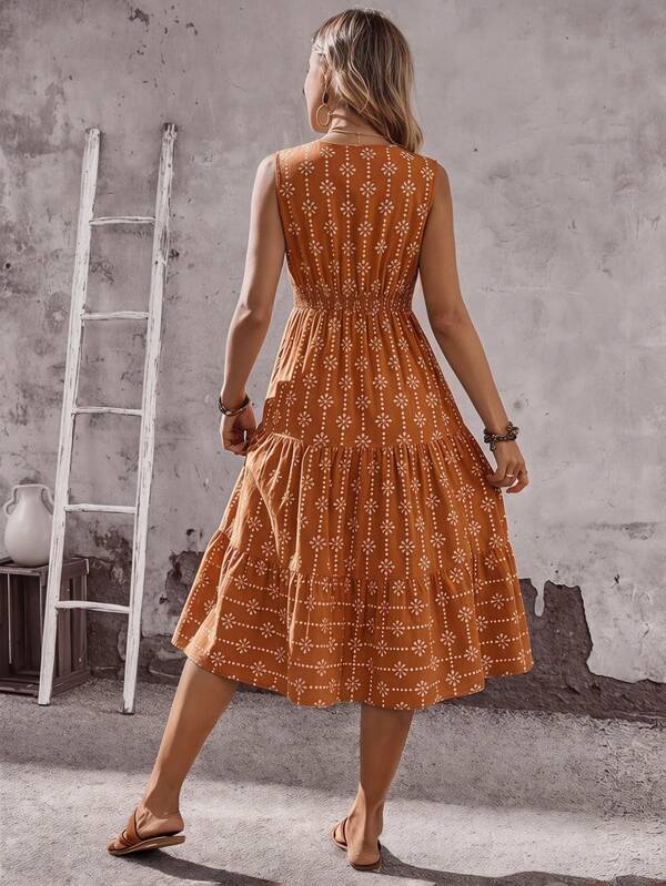 Vestido Midi Evasê Sem Mangas Com Lastex Estilo Romântico