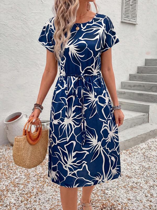 Vestido Midi Listrado Com Amarração E Bolsos Estilo Casual