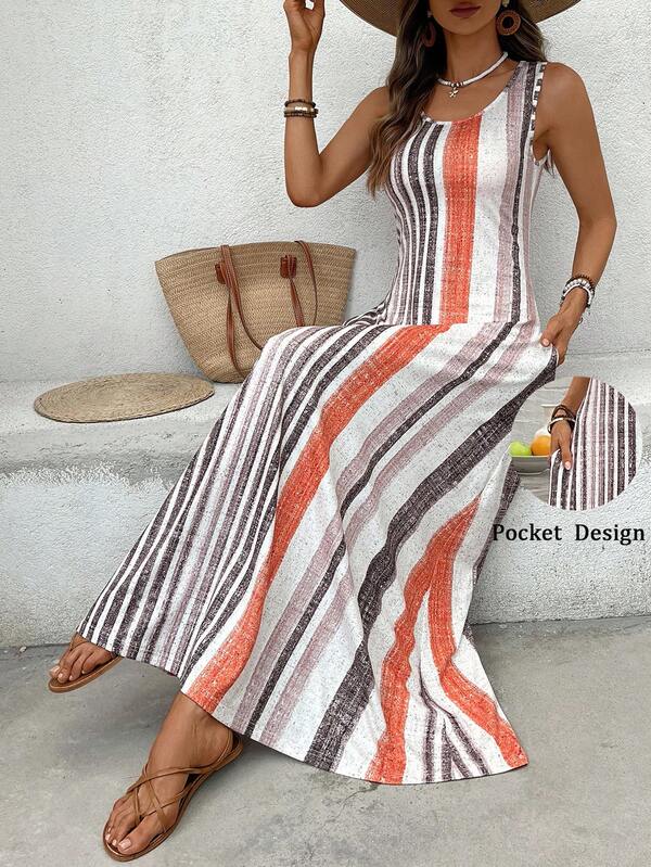 Vestido Longo Regata Com Estampa Listrada Estilo Resort