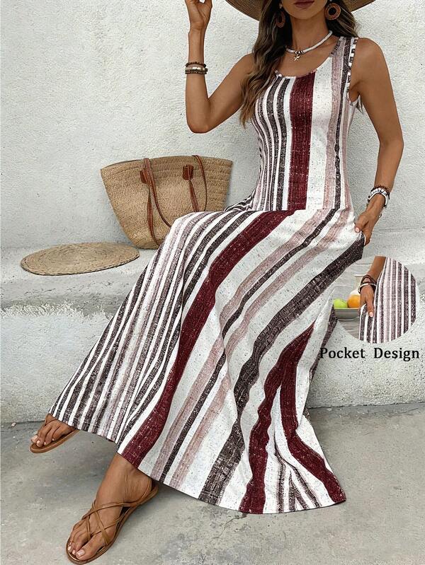 Vestido Longo Regata Com Estampa Listrada Estilo Resort